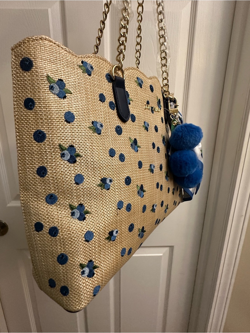 Betsey Johnson Tan Tote with Blue Floral Dots Design & Blue Pom Charm & Scarf - Picture 2 of 16